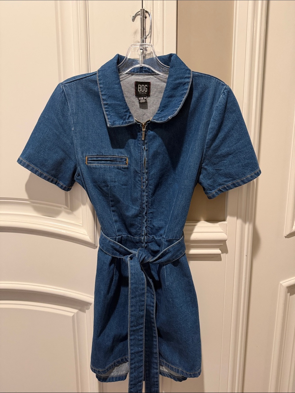 BDG Blue Short-Sleeve Zip Front Denim Romper with Tie